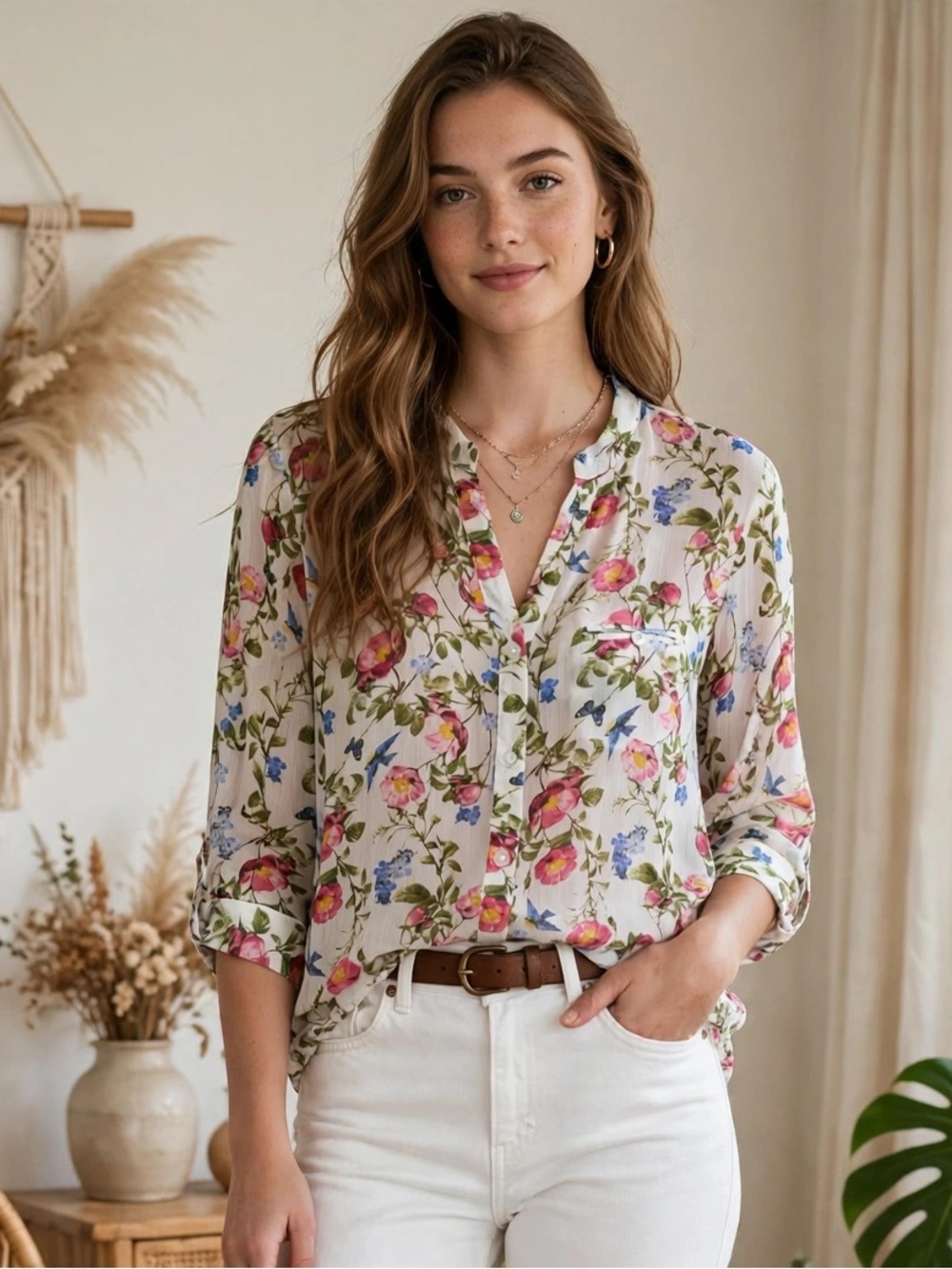 Kut from the Kloth Floral Sheer Button-Front Blouse - Pink/Blue - Medium